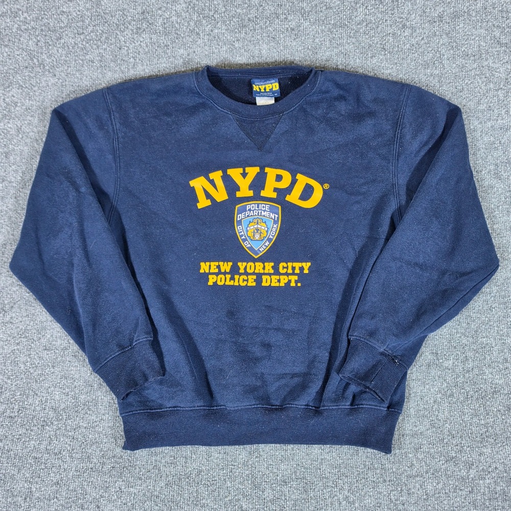 NYPD New York City Police Dept Sweatshirt Navy Blue Mens Medium Graphic Flaw